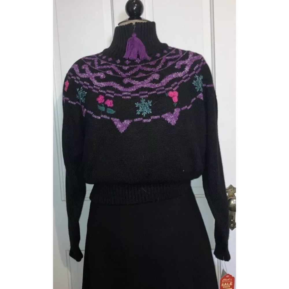 New Vintage 80s Obermeyer wool blend Fair Isle Folk Sweater Floral embroidered L